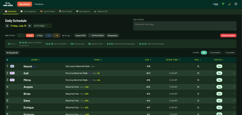 Daily schedule screen from a live tour operations web app showing tours, guides, vans, and status