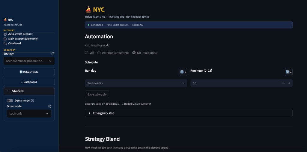 Investing operations dashboard with account and strategy controls