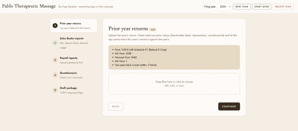 Tax prep assistant with guided document upload steps for a small business